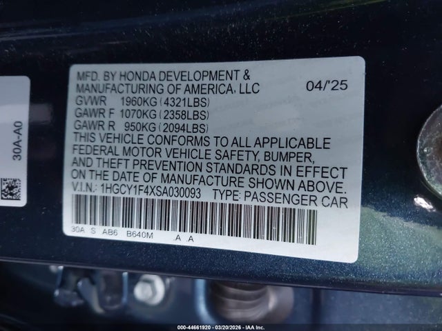 1HGCY1F4XSA030093 Honda ACCORD SE