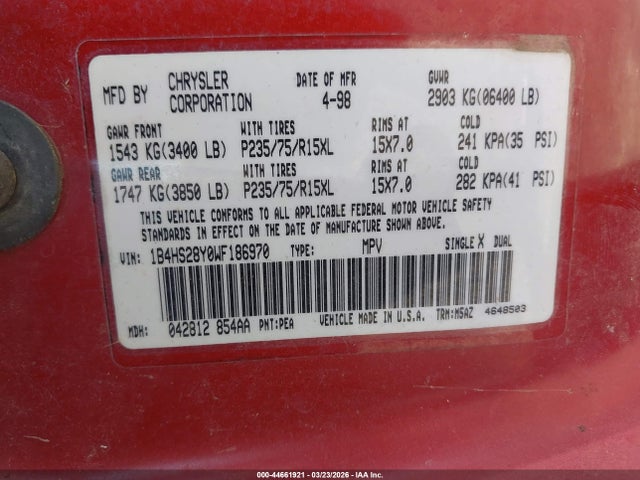 Aukcja sprzedaży 1998 Dodge Durango Slt, vin: 1B4HS28Y0WF186970, numer aukcji: 44661921