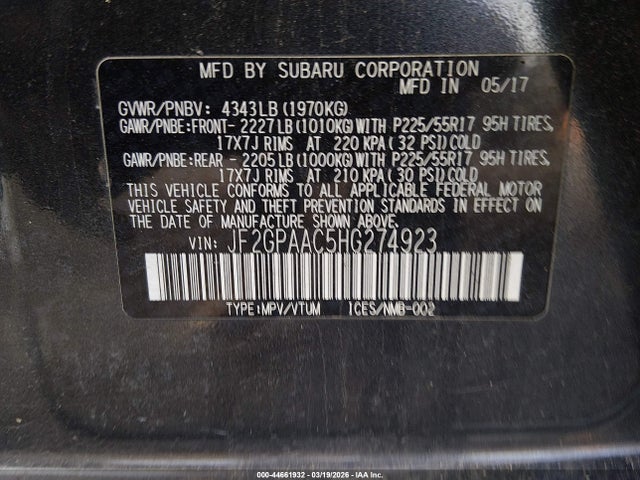 Продаж на аукціоні авто 2017 Subaru Crosstrek 2.0i, vin: JF2GPAAC5HG274923, номер лоту: 44661932