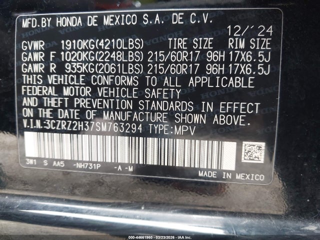 44661960 :رقم المزاد ، 3CZRZ2H37SM763294 vin ، 2025 Honda Hr-v Awd Lx مزاد بيع