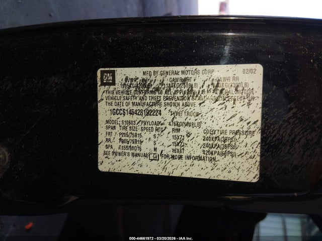 Aukcja sprzedaży 2002 Chevrolet S-10, vin: 1GCCS145428192224, numer aukcji: 44661972