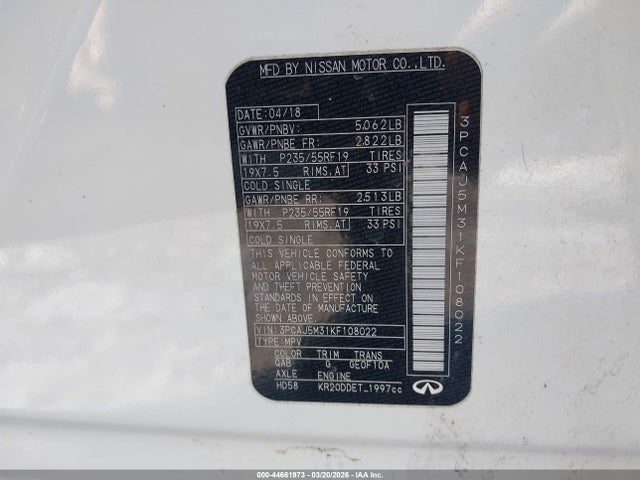 2019 Infiniti Qx50 Luxe მანქანა იყიდება აუქციონზე, vin: 3PCAJ5M31KF108022, აუქციონის ნომერი: 44661973