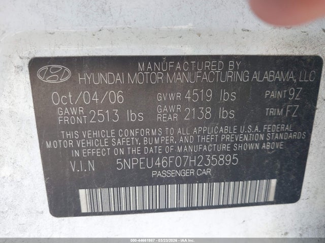 Продажа на аукционе авто 2007 Hyundai Sonata Limited/se V6, vin: 5NPEU46F07H235895, номер лота: 44661987
