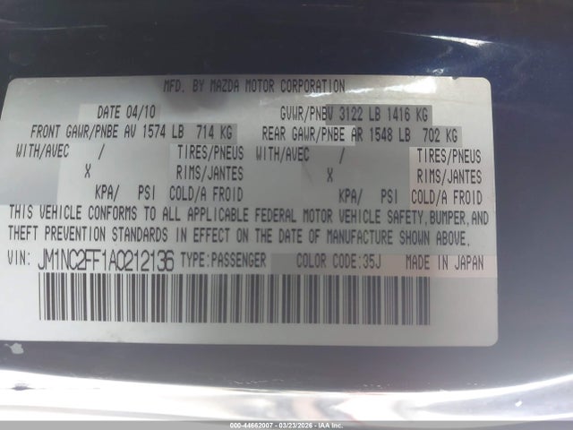 Продаж на аукціоні авто 2010 Mazda Mx-5 Miata Touring, vin: JM1NC2FF1A0212136, номер лоту: 44662007