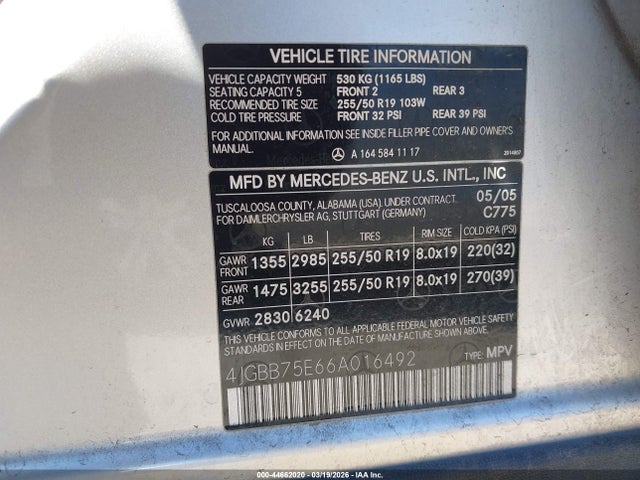 Aukcja sprzedaży 2006 Mercedes-benz Ml 500 4matic, vin: 4JGBB75E66A016492, numer aukcji: 44662020