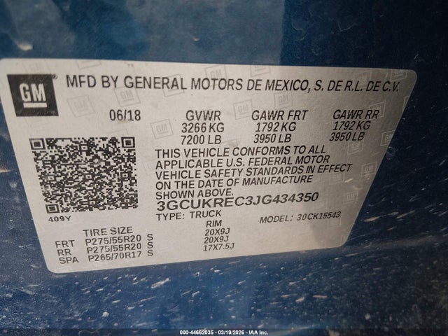 Auction sale of the 2018 Chevrolet Silverado 1500 2lt, vin: 3GCUKREC3JG434350, lot number: 44662035