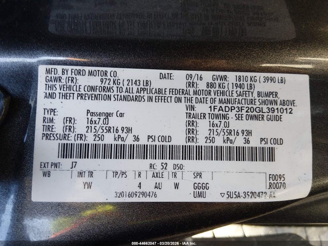 1FADP3F20GL391012 Ford FOCUS SE