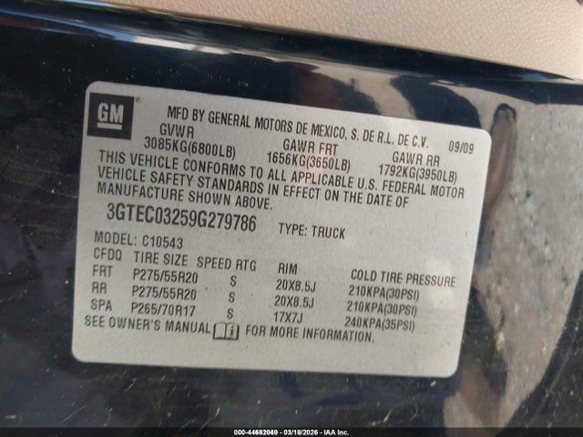 2009 Gmc Sierra 1500 Denali მანქანა იყიდება აუქციონზე, vin: 3GTEC03259G279786, აუქციონის ნომერი: 44662049