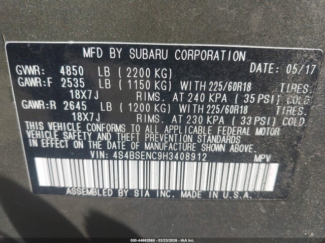 Продаж на аукціоні авто 2017 Subaru Outback 3.6r Limited, vin: 4S4BSENC9H3408912, номер лоту: 44662068