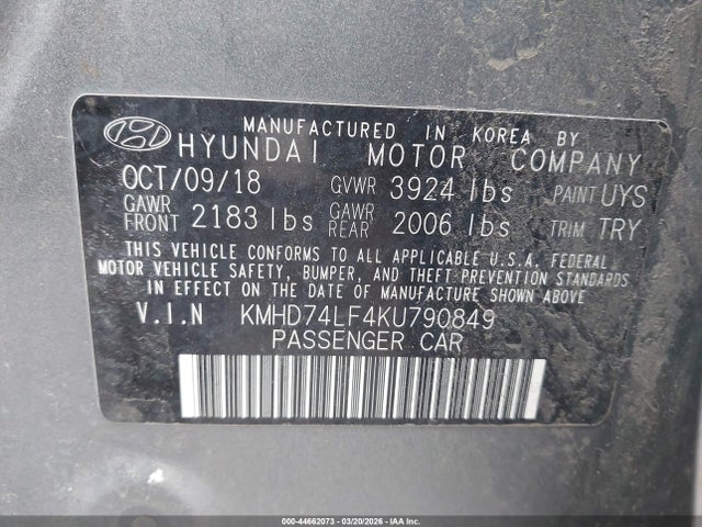 Продаж на аукціоні авто 2019 Hyundai Elantra Se, vin: KMHD74LF4KU790849, номер лоту: 44662073