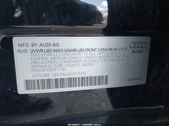 Продаж на аукціоні авто 2006 Audi A4 2.0t, vin: WAUBF78E46A024446, номер лоту: 44662077