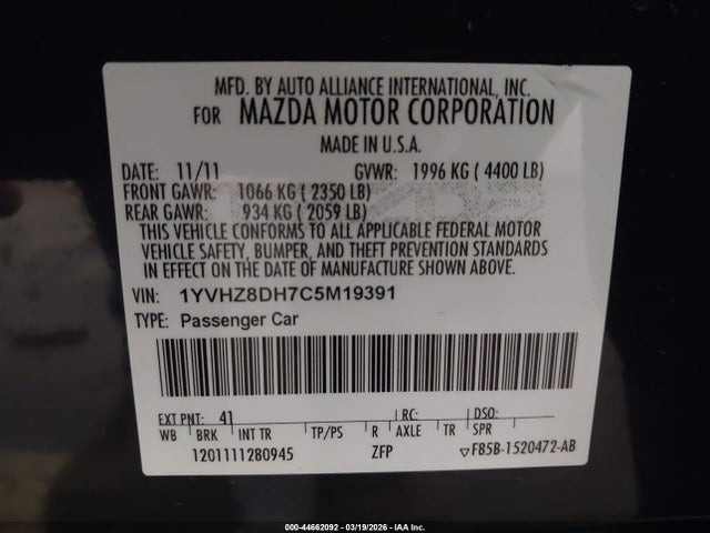 Продаж на аукціоні авто 2012 Mazda Mazda6 I Touring, vin: 1YVHZ8DH7C5M19391, номер лоту: 44662092