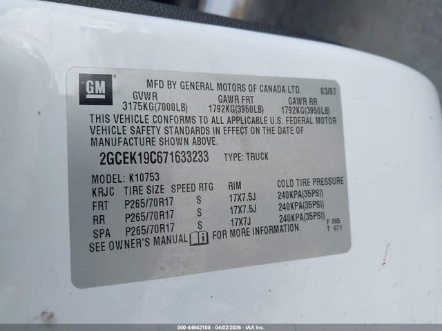 Aukcja sprzedaży 2007 Chevrolet Silverado 1500 Lt1, vin: 2GCEK19C671633233, numer aukcji: 44662108