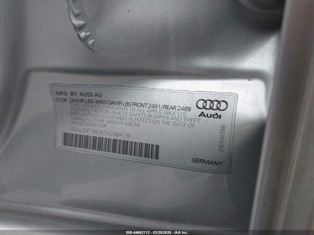 Aukcja sprzedaży 2007 Audi A4 2.0t, vin: WAUDF78E97A038479, numer aukcji: 44662112