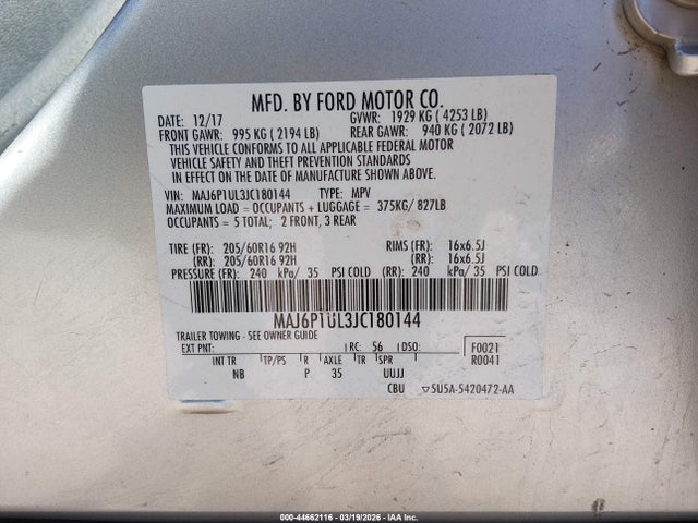 44662116 :رقم المزاد ، MAJ6P1UL3JC180144 vin ، 2018 Ford Ecosport Se مزاد بيع
