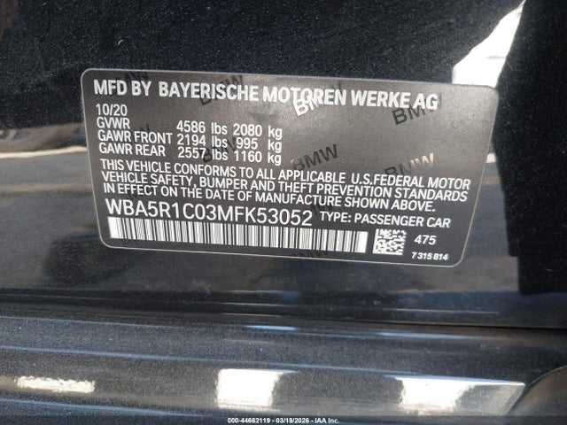 Продаж на аукціоні авто 2021 Bmw 330i, vin: WBA5R1C03MFK53052, номер лоту: 44662119