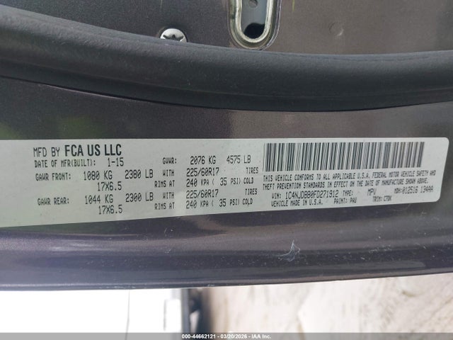 44662121 :رقم المزاد ، 1C4NJDBB0FD271912 vin ، 2015 Jeep Compass Sport مزاد بيع