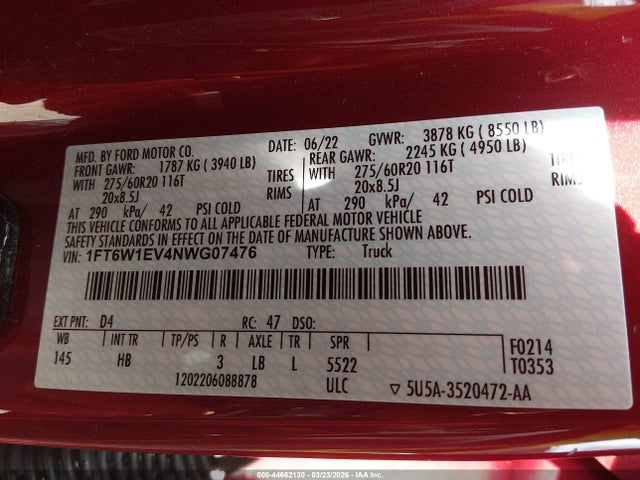 1FT6W1EV4NWG07476 Ford F-150 Lightning Lariat