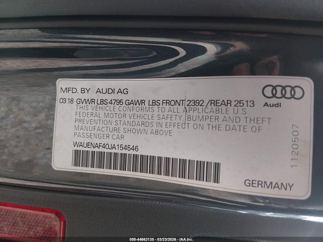 44662135 :رقم المزاد ، WAUENAF40JA154546 vin ، 2018 Audi A4 2.0t Premium/2.0t Tech Premium مزاد بيع