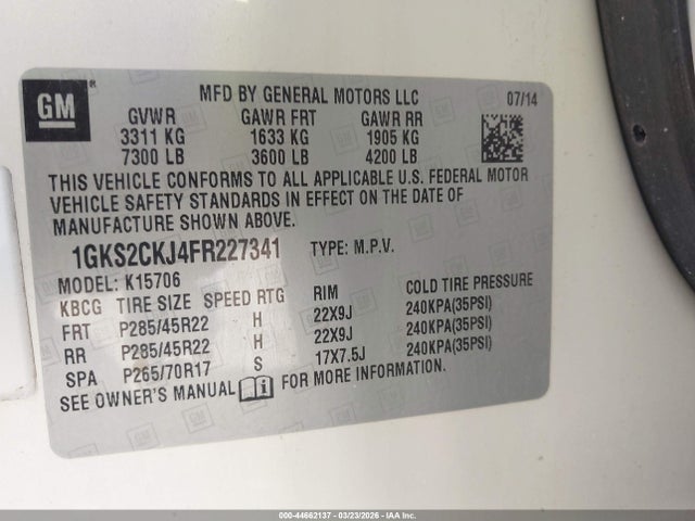 2015 Gmc Yukon Denali მანქანა იყიდება აუქციონზე, vin: 1GKS2CKJ4FR227341, აუქციონის ნომერი: 44662137