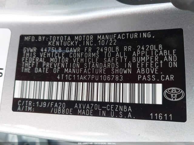 4T1C11AK7PU106783 Toyota CAMRY LE