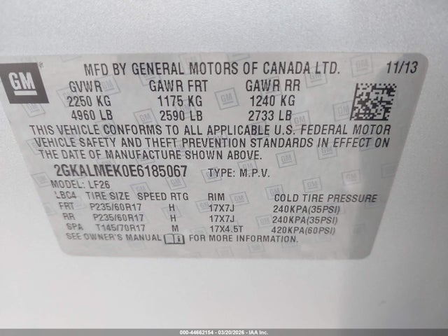 Aukcja sprzedaży 2014 Gmc Terrain Sle-1, vin: 2GKALMEK0E6185067, numer aukcji: 44662154