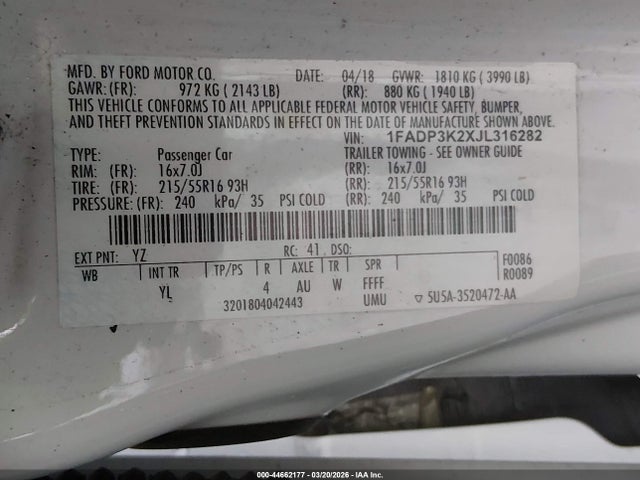 1FADP3K2XJL316282 Ford FOCUS SE
