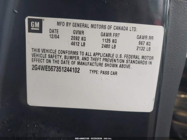 Продаж на аукціоні авто 2005 Buick Lacrosse Cxs, vin: 2G4WE567351244102, номер лоту: 44662189