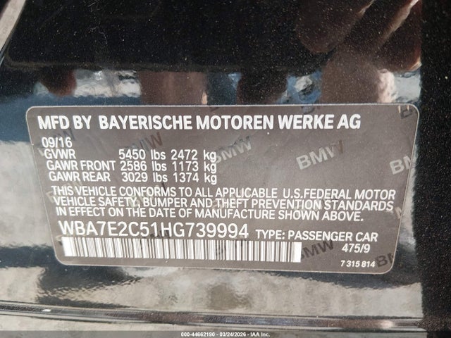 Aukcja sprzedaży 2017 Bmw 740i, vin: WBA7E2C51HG739994, numer aukcji: 44662190
