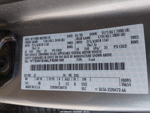 Продаж на аукціоні авто 2020 Ford F-150 Xlt, vin: 1FTEW1E48LFB08180, номер лоту: 44662193