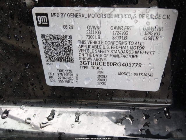 2024 Gmc Sierra 1500 4wd  Standard Box Elevation მანქანა იყიდება აუქციონზე, vin: 3GTUUCE80RG403779, აუქციონის ნომერი: 44662200