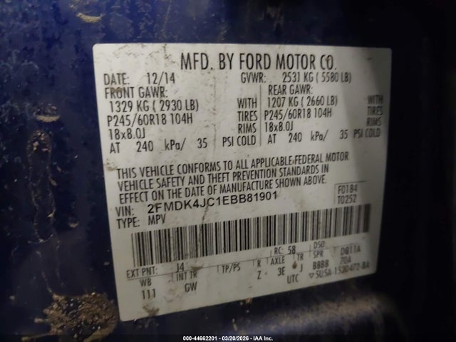 44662201 :رقم المزاد ، 2FMDK4JC1EBB81901 vin ، 2014 Ford Edge Sel مزاد بيع
