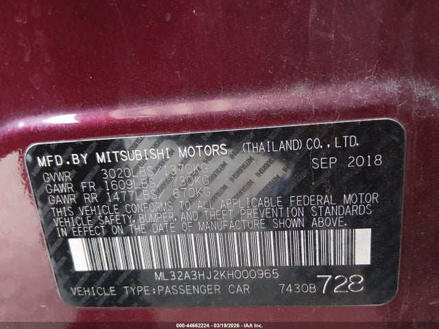 Продаж на аукціоні авто 2019 Mitsubishi Mirage Es, vin: ML32A3HJ2KH000965, номер лоту: 44662224