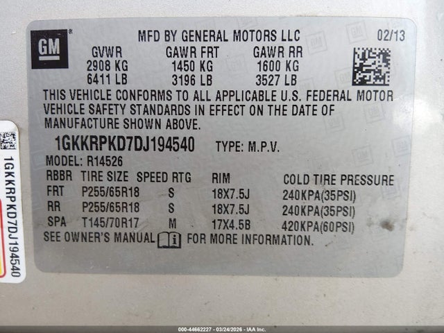 Aukcja sprzedaży 2013 Gmc Acadia Sle-2, vin: 1GKKRPKD7DJ194540, numer aukcji: 44662227