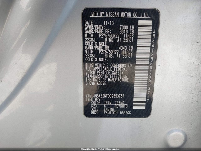 2014 Infiniti Qx80 მანქანა იყიდება აუქციონზე, vin: JN8AZ2NF0E9553757, აუქციონის ნომერი: 44662265