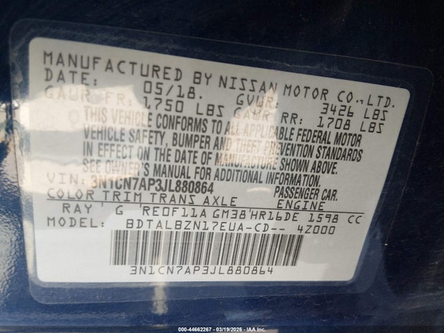 3N1CN7AP3JL880864 Nissan Versa 1.6 Sv