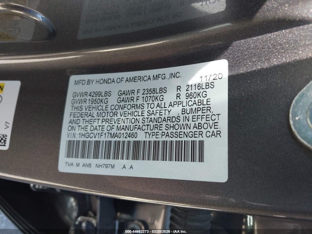 44662273 :رقم المزاد ، 1HGCV1F17MA012460 vin ، 2021 Honda Accord Lx مزاد بيع