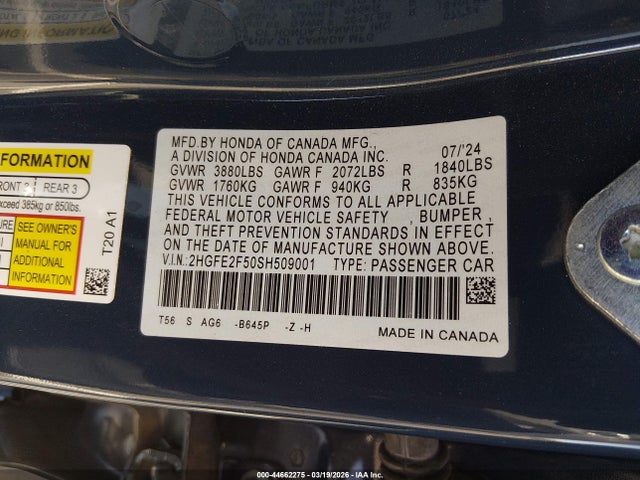 Aukcja sprzedaży 2025 Honda Civic Sport, vin: 2HGFE2F50SH509001, numer aukcji: 44662275