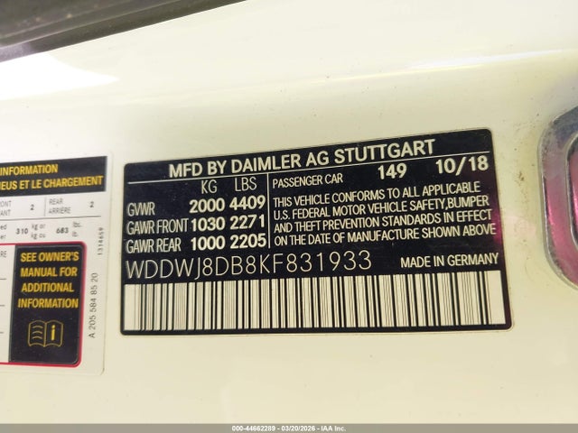 44662289 :رقم المزاد ، WDDWJ8DB8KF831933 vin ، 2019 Mercedes-benz C 300 مزاد بيع
