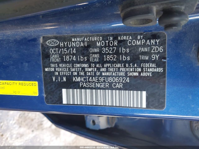 44662314 :رقم المزاد ، KMHCT4AE9FU806924 vin ، 2015 Hyundai Accent Gls مزاد بيع