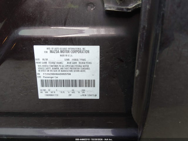 44662315 :رقم المزاد ، 1YVHZ8BH6A5M05708 vin ، 2010 Mazda Mazda6 I Sport مزاد بيع