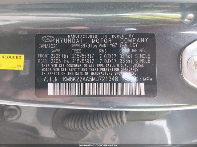 44662347 :رقم المزاد ، KM8K22AA5MU721348 vin ، 2021 Hyundai Kona Sel مزاد بيع
