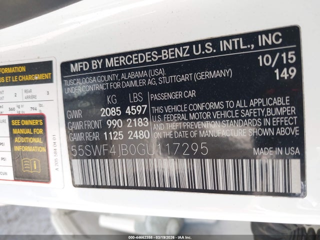 Aukcja sprzedaży 2016 Mercedes-benz C 300, vin: 55SWF4JB0GU117295, numer aukcji: 44662358