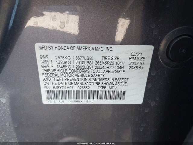 5J8YD4H07LL026652 Acura Mdx Technology A-spec Packages