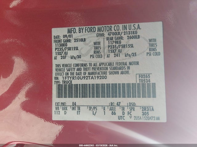 2002 FORD RANGER 1FTYR10U92TA19200 Photo 8