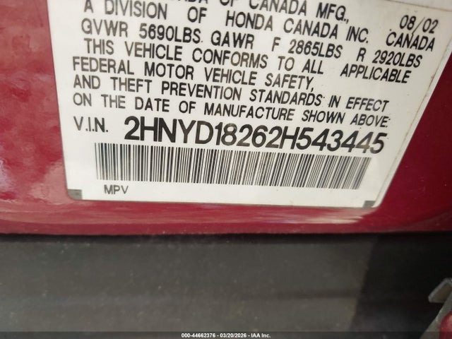 44662376 :رقم المزاد ، 2HNYD18262H543445 vin ، 2002 Acura Mdx مزاد بيع