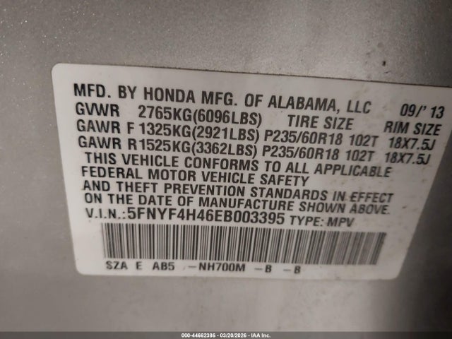 Aukcja sprzedaży 2014 Honda Pilot Ex, vin: 5FNYF4H46EB003395, numer aukcji: 44662386