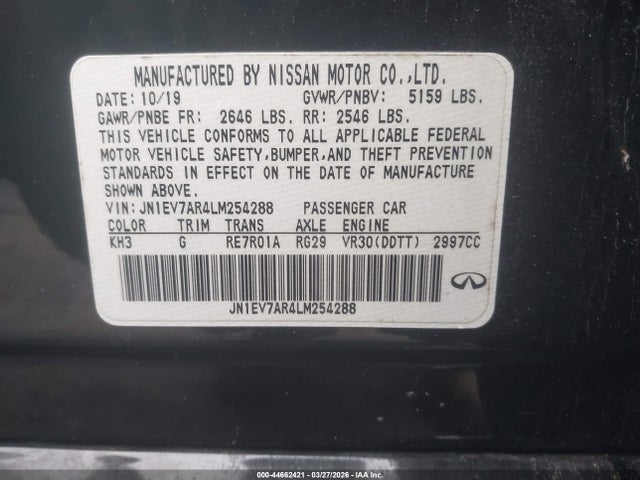 Aukcja sprzedaży 2020 Infiniti Q50 Luxe Awd, vin: JN1EV7AR4LM254288, numer aukcji: 44662421