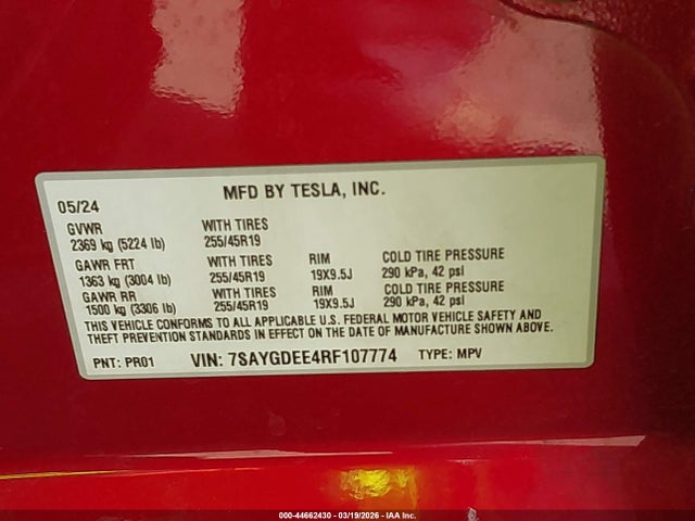 44662430 :رقم المزاد ، 7SAYGDEE4RF107774 vin ، 2024 Tesla Model Y Long Range Dual Motor All-wheel Drive مزاد بيع
