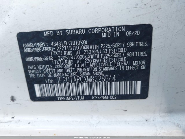 2021 Subaru Crosstrek Premium მანქანა იყიდება აუქციონზე, vin: JF2GTAPCXM8228544, აუქციონის ნომერი: 44662439
